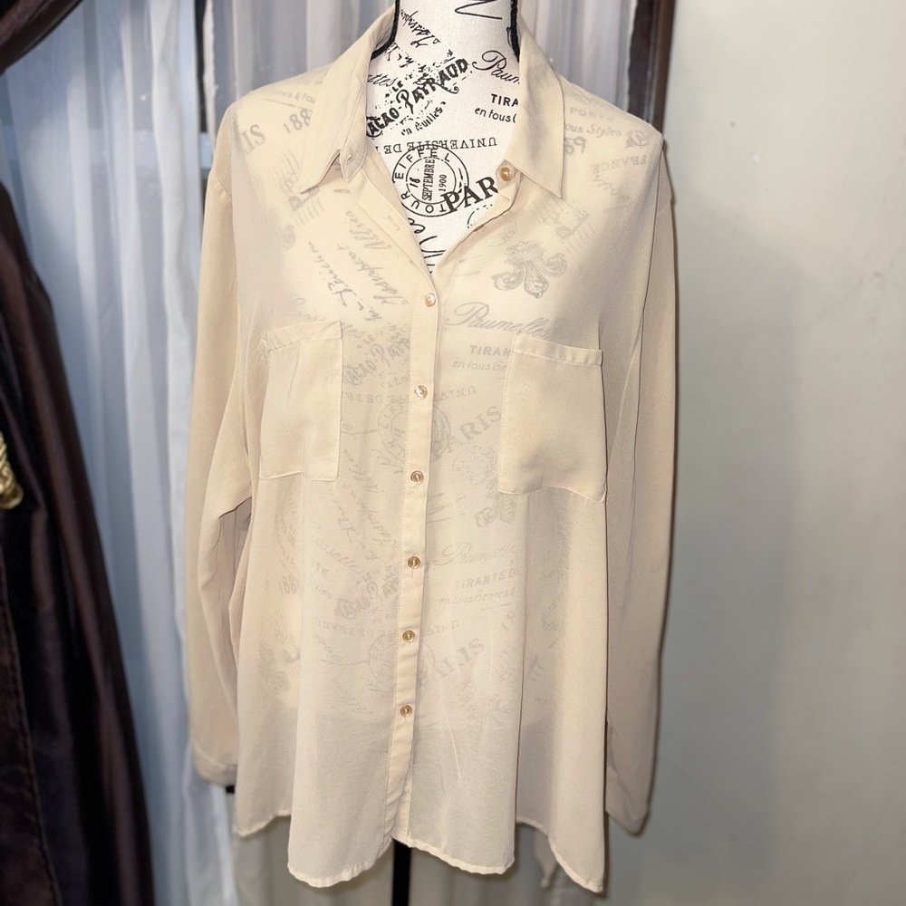 Ambiance Apparel 2X Ivory / Beige Sheer Button Up Blouse Top